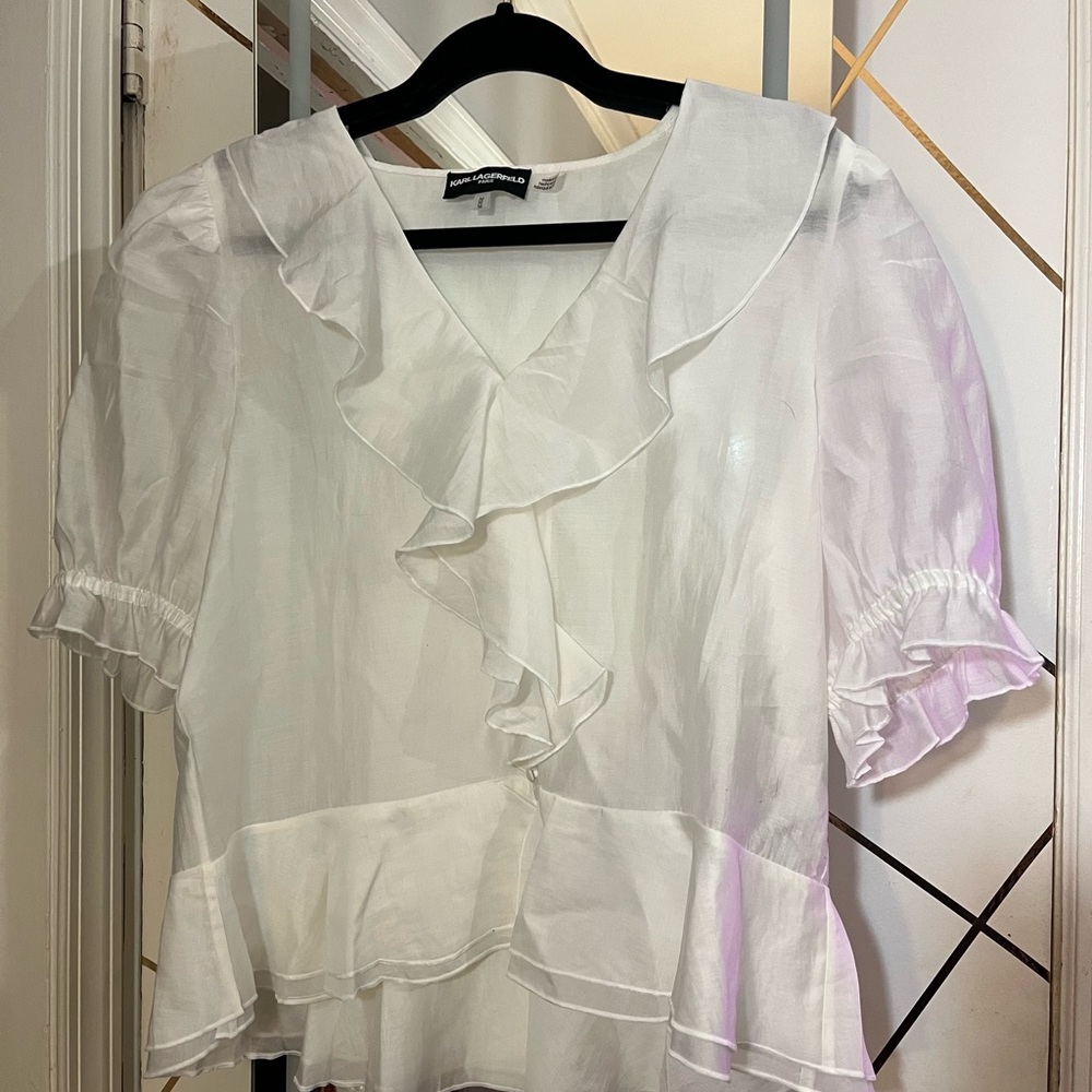 Karl Lagerfeld White Blouse with V Neck Puff Sleeves and Ruffled Details
